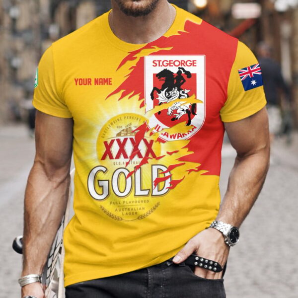 St. George Dragons NRL x XXXX Gold Beer Custom Name T Shirt Gift For Fans – Limited Edition TSLILY002