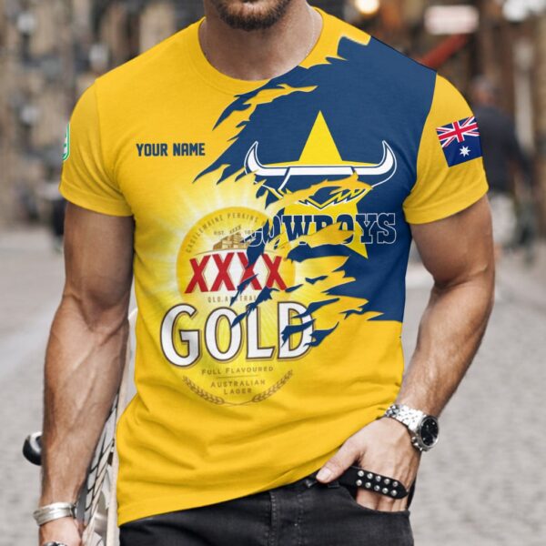 North QLD Cowboys NRL x XXXX Gold Beer Custom Name T Shirt Gift For Fans – Limited Edition TSLILY002