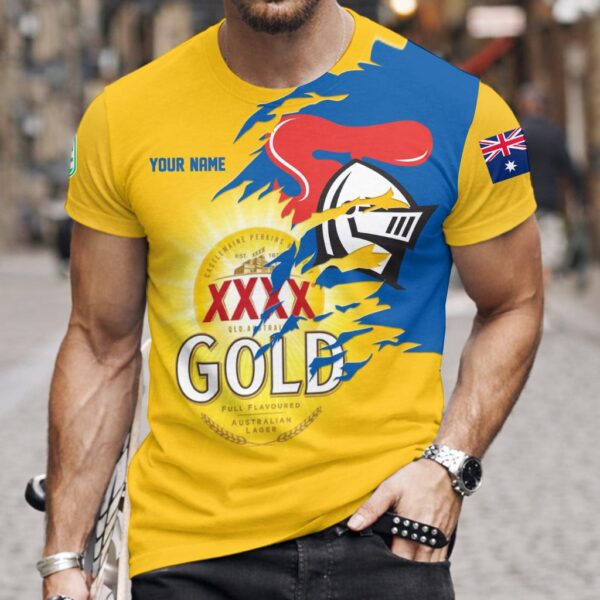 Newcastle Knights NRL x XXXX Gold Beer Custom Name T Shirt Gift For Fans – Limited Edition TSLILY002
