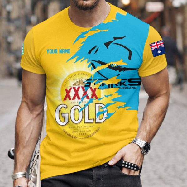 Cronulla Sharks NRL x XXXX Gold Beer Custom Name T Shirt Gift For Fans – Limited Edition TSLILY002