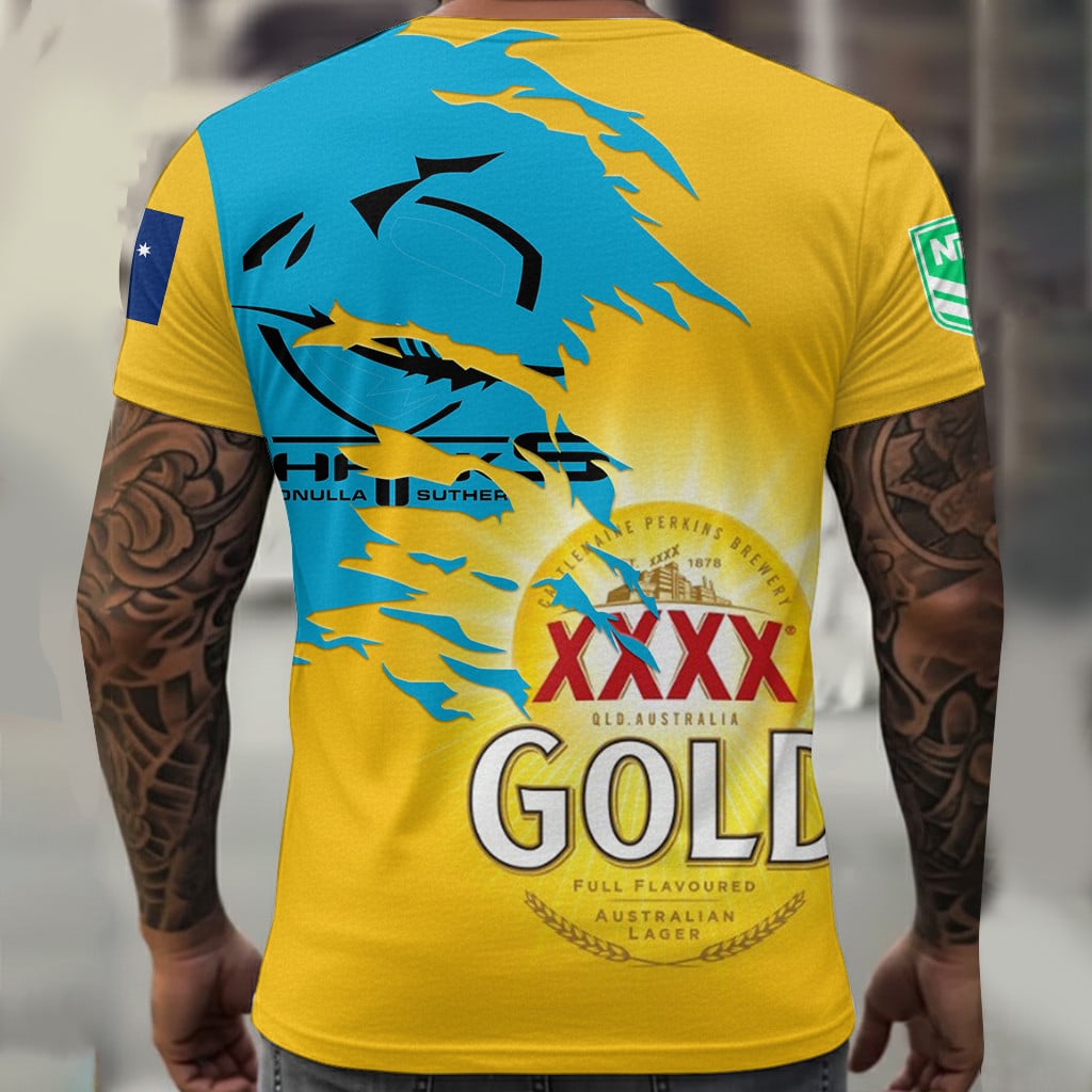 Cronulla Sharks NRL x XXXX Gold Beer Custom Name T Shirt Gift For Fans – Limited Edition TSLILY002 - Image 2