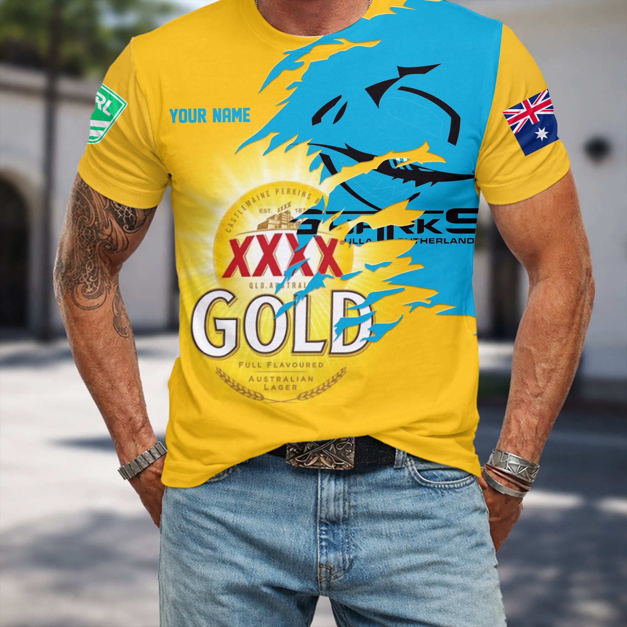 Cronulla Sharks NRL x XXXX Gold Beer Custom Name T Shirt Gift For Fans – Limited Edition TSLILY002 - Image 3