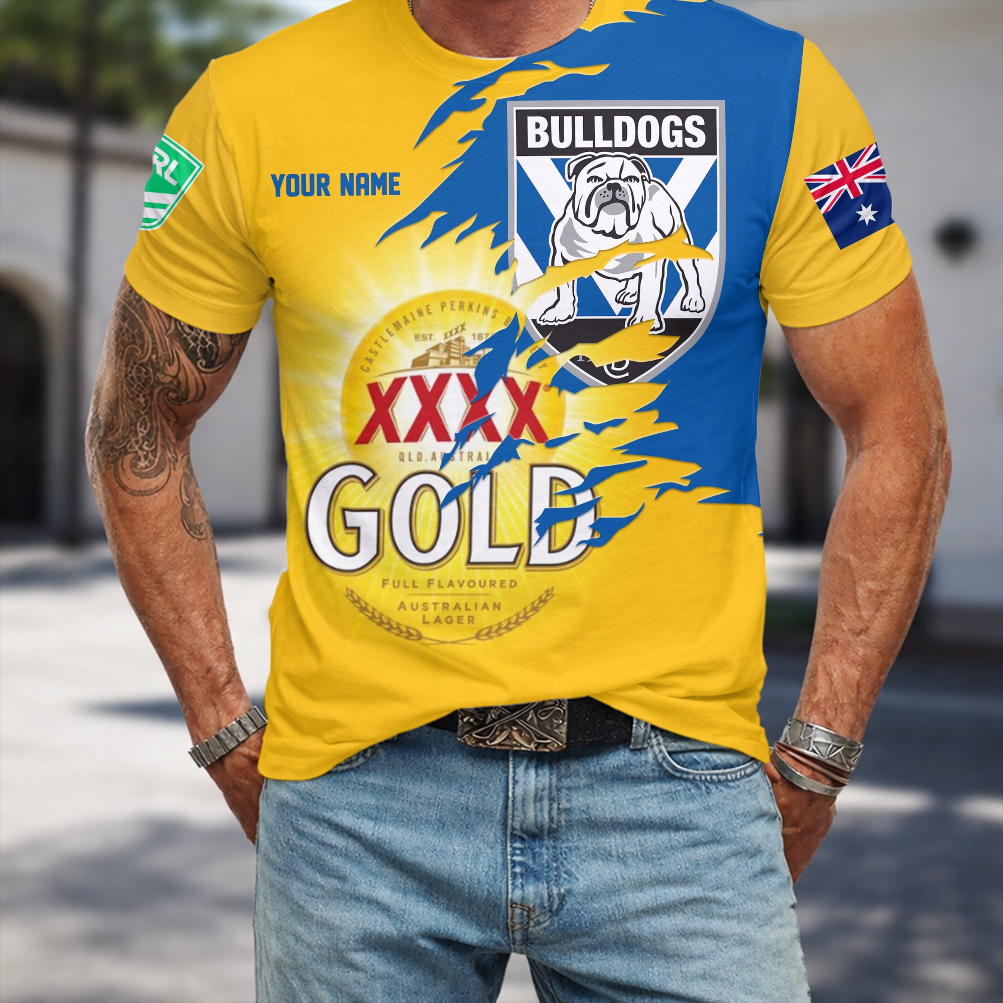 Canterbury Bulldogs NRL x XXXX Gold Beer Custom Name T Shirt Gift For Fans – Limited Edition TSLILY002 - Image 3