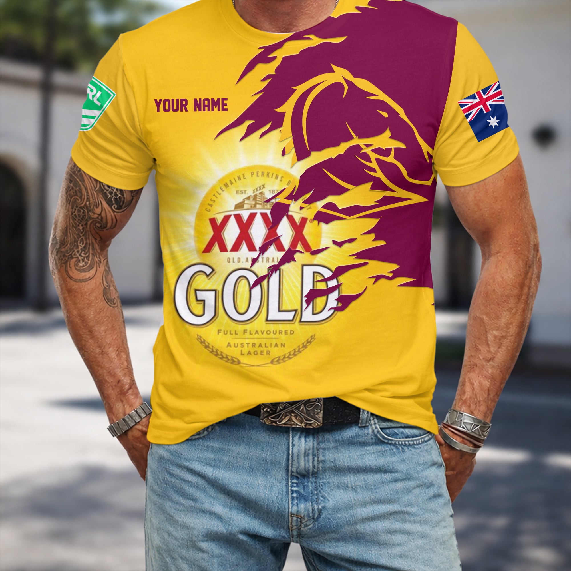 Brisbane Broncos NRL x XXXX Gold Beer Custom Name T Shirt Gift For Fans – Limited Edition TSLILY002 - Image 3