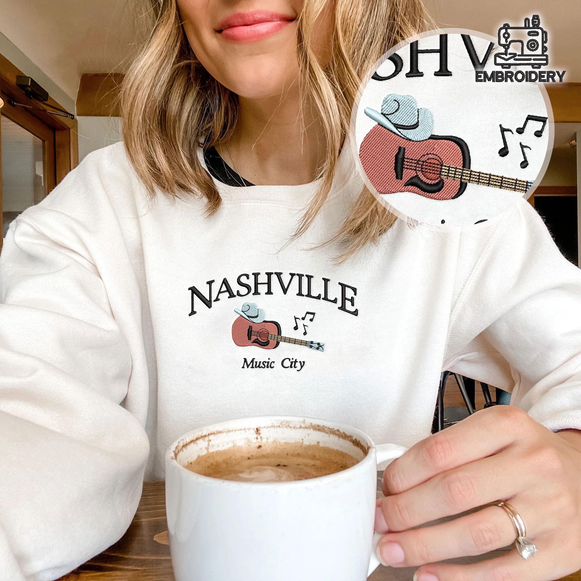 Embroidered Nashville Music City Guitar Cowboy Hat Sweatshirt - Image 4