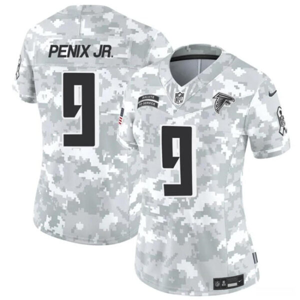 Women Atlanta Falcons #9 Michael Penix Jr 2024 FUSE Arctic Camo Salute To Service Limited Football Stitched Jersey