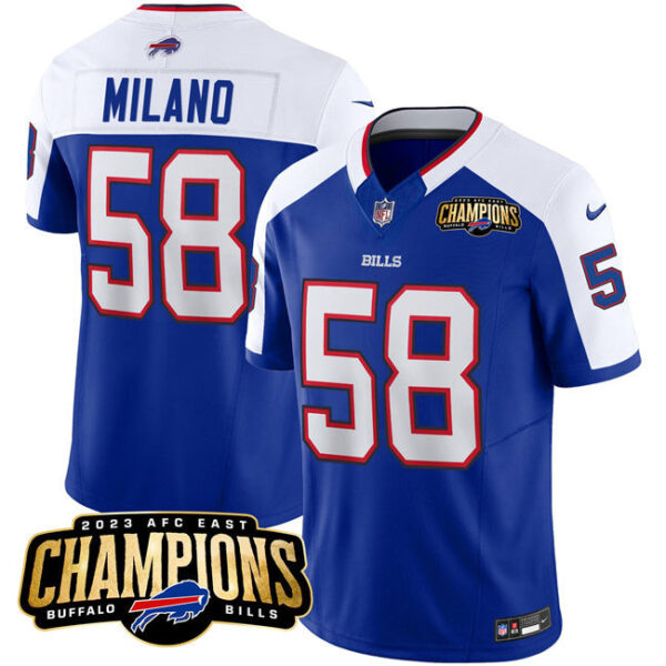 Buffalo Bills #58 Matt Milano Blue White 2023 FUSE AFC East Champions Ptach S Jersey