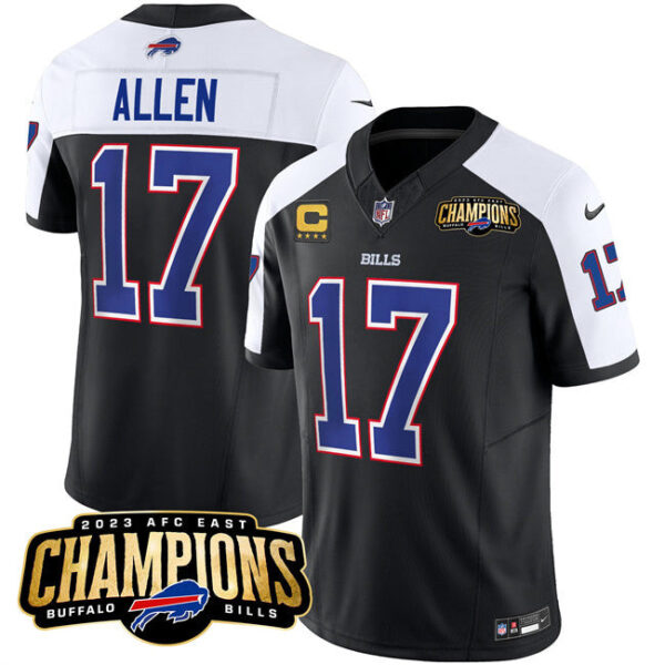 Buffalo Bills #17 Josh Allen Black White 2023 FUSE AFC East Champions With 4-Star C Jersey