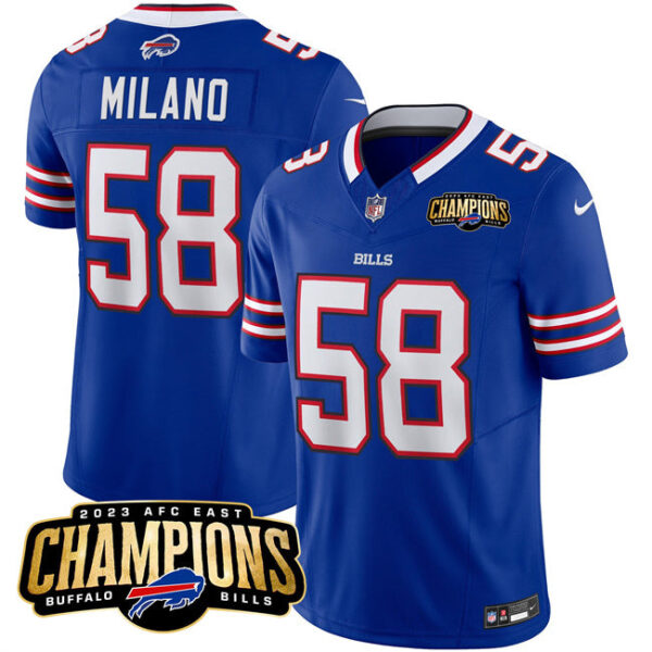 Buffalo Bills #58 Matt Milano Blue 2023 FUSE AFC East Champions Ptach Stitched Jersey