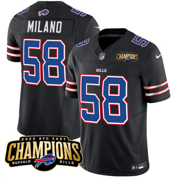 Buffalo Bills #58 Matt Milano Black 2023 FUSE AFC East Champions Ptach Stitched Jersey
