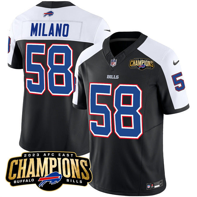 Buffalo Bills #58 Matt Milano Black White 2023 FUSE AFC East Champions Ptach Jersey
