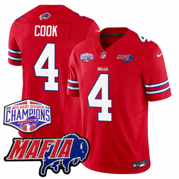 Buffalo Bills 24/25 Jersey – Bills Mafia + AFC East Championship Patch – COOK – 4 – Red Jersey