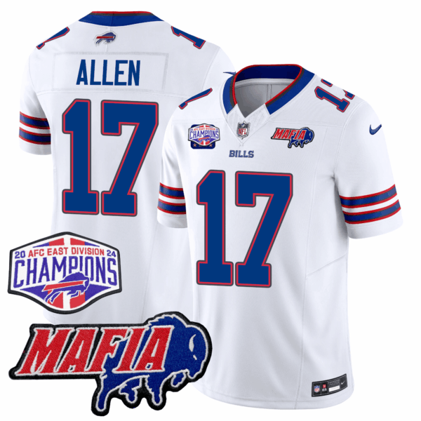 Buffalo Bills 24/25 Jersey – Bills Mafia + AFC East Championship Patch – ALLEN – 17 – White Jersey