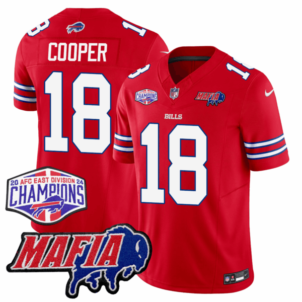 Buffalo Bills 24/25 Jersey – Bills Mafia + AFC East Championship Patch – COOPER – 18 – Red Jersey