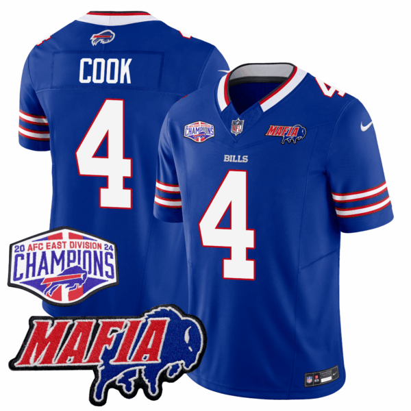 Buffalo Bills 24/25 Jersey – Bills Mafia + AFC East Championship Patch – COOK – 4 – Blue Jersey