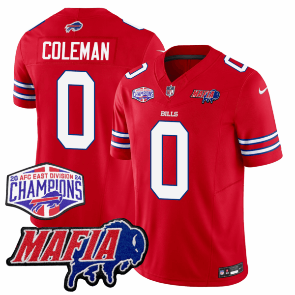Buffalo Bills 24/25 Jersey – Bills Mafia + AFC East Championship Patch – COLEMAN – 0 – Red Jersey