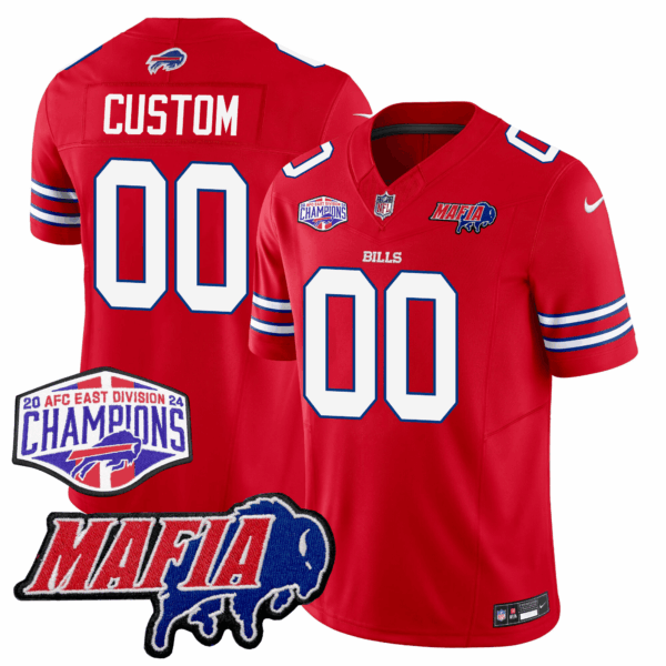 Custom Buffalo Bills 24/25 Jersey – Bills Mafia + AFC East Championship Patch – Red Jersey