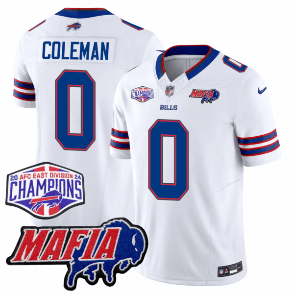 Buffalo Bills 24/25 Jersey – Bills Mafia + AFC East Championship Patch – COLEMAN – 0 – White Jersey