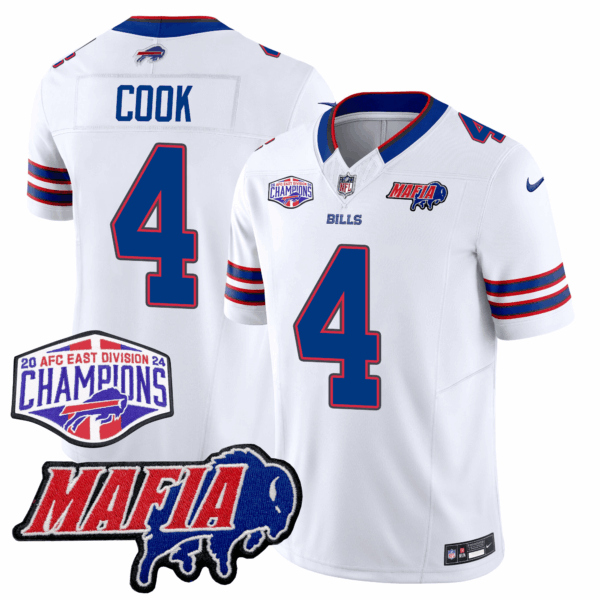 Buffalo Bills 24/25 Jersey – Bills Mafia + AFC East Championship Patch – COOK – 4 – White Jersey