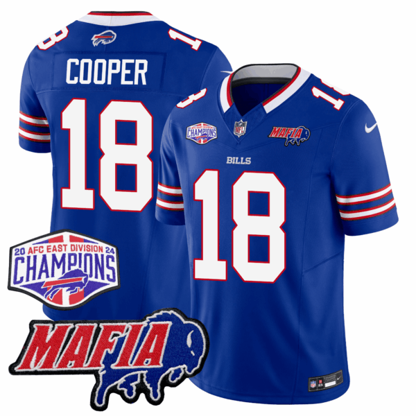 Buffalo Bills 24/25 Jersey – Bills Mafia + AFC East Championship Patch – COOPER – 18 – Blue Jersey