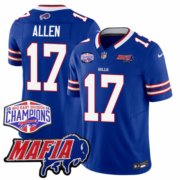 Buffalo Bills 24/25 Jersey – Bills Mafia + AFC East Championship Patch – ALLEN – 17 – Blue Jersey