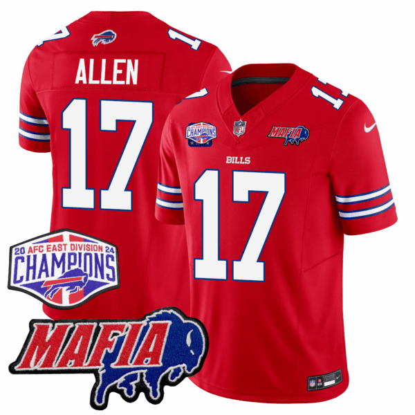 Buffalo Bills 24/25 Jersey – Bills Mafia + AFC East Championship Patch – ALLEN – 17 – Red Jersey