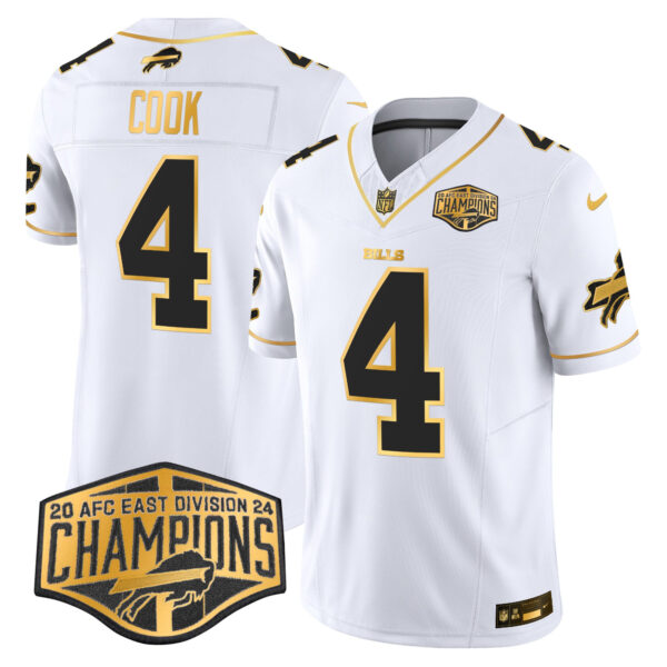 Bills 2024 AFC East Division Champions Gold Vapor Limited Jersey – All Stitched – White Gold – James Cook Jersey