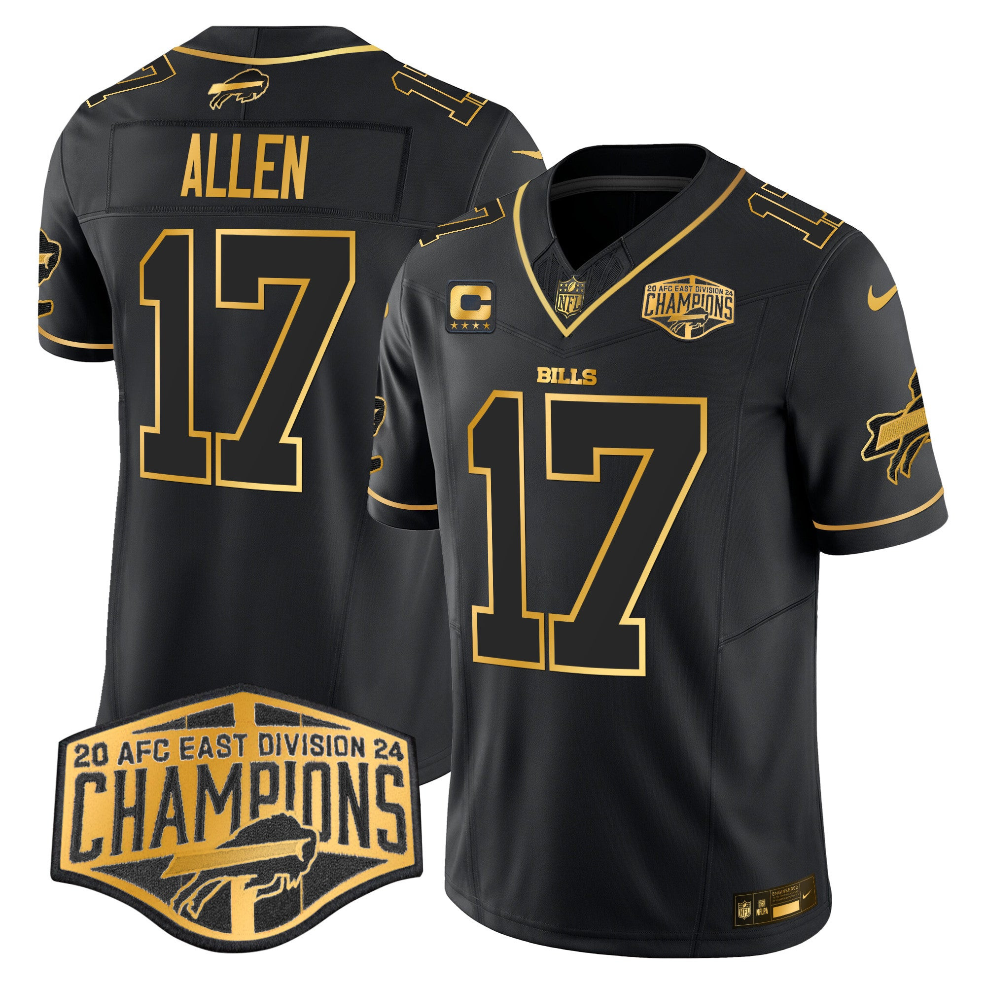 Bills 2024 AFC East Division Champions Gold Vapor Limited Jersey – All Stitched – Black Gold – Josh Allen Jersey