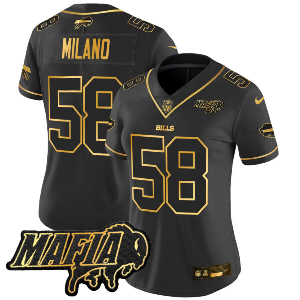 Women’s Buffalo Bills 2024 Bills Mafia Patch Gold Vapor Limited Jersey – All Stitched – Black Gold – Matt Milano Jersey