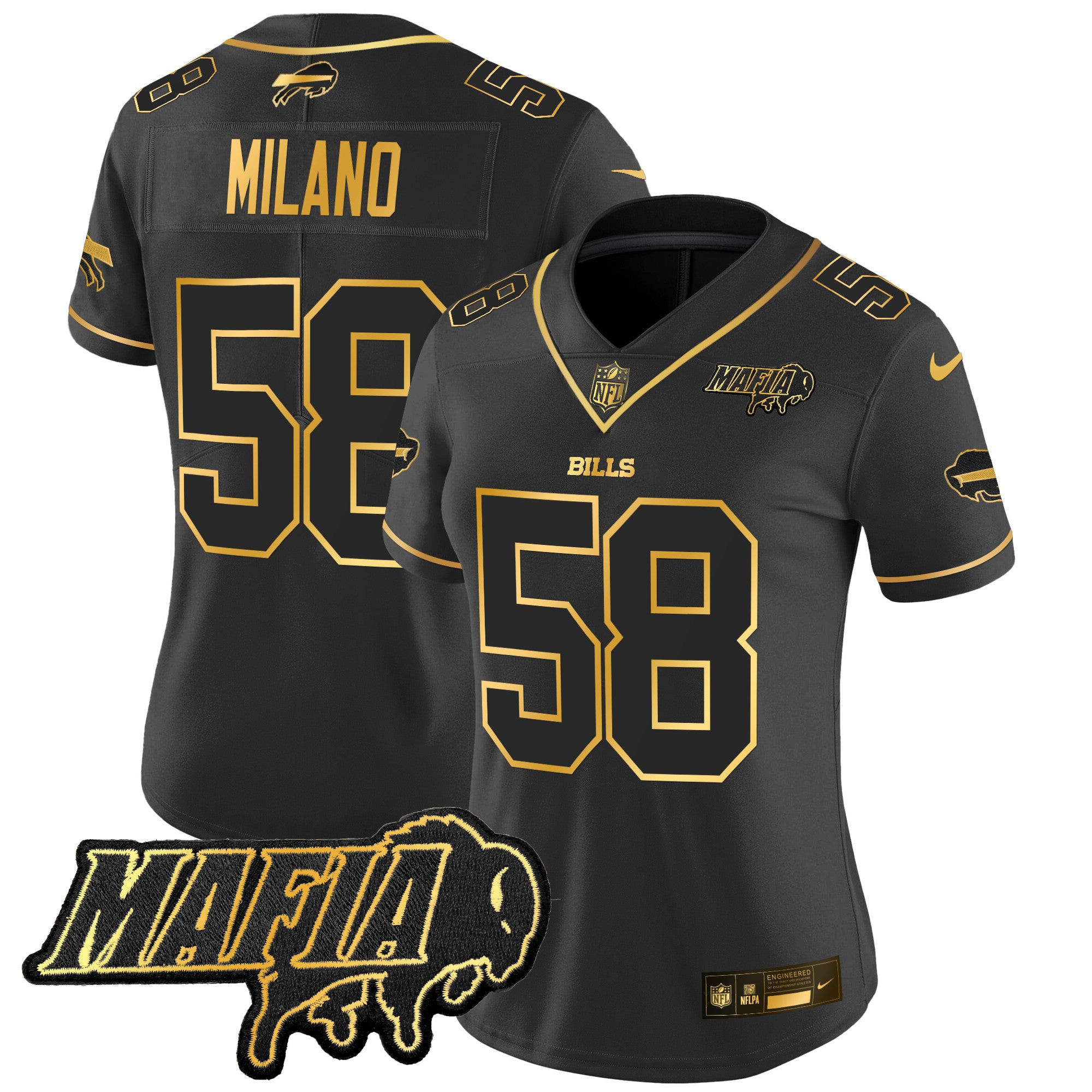 Women’s Buffalo Bills 2024 Bills Mafia Patch Gold Vapor Limited Jersey – All Stitched – Black Gold – Matt Milano Jersey