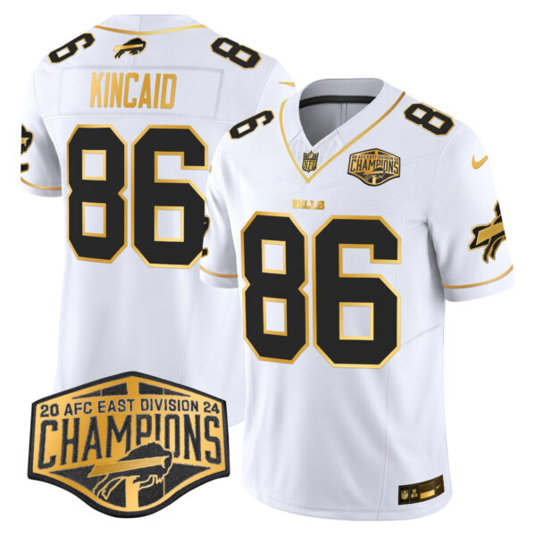 Bills 2024 AFC East Division Champions Gold Vapor Limited Jersey – All Stitched – White Gold – Dalton Kincaid Jersey