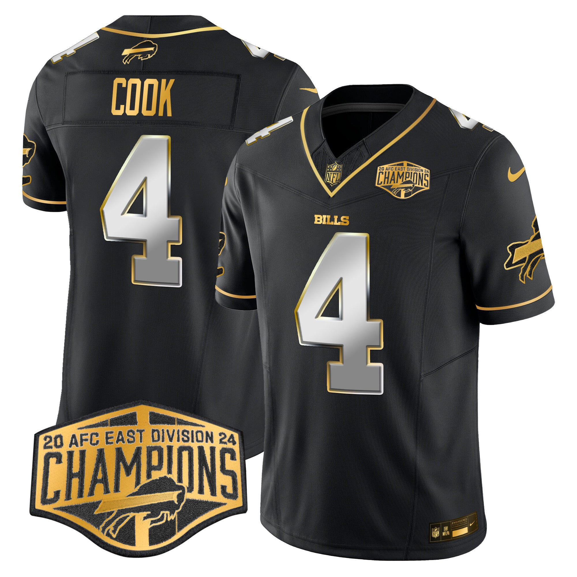 Bills 2024 AFC East Division Champions Gold Vapor Limited Jersey – All Stitched – Black Limited – James Cook Jersey