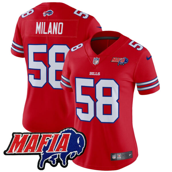 Women’s Buffalo Bills 2024 Bills Mafia Patch Vapor Limited Jersey – All Stitched – Red – Matt Milano Jersey