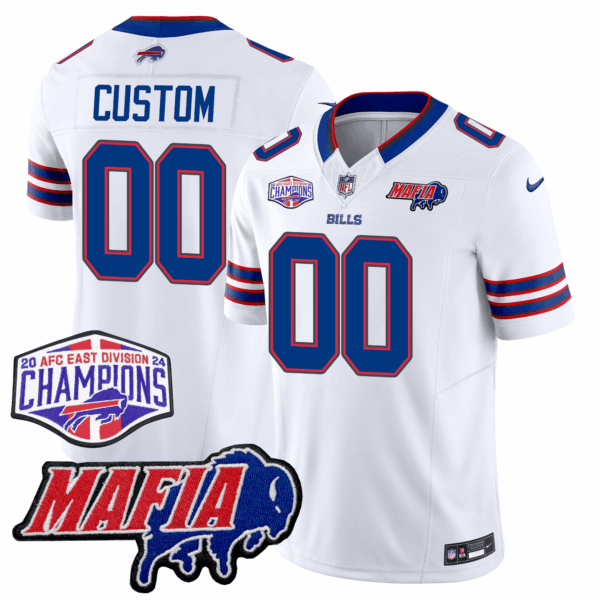 Custom Buffalo Bills 24/25 Jersey – Bills Mafia + AFC East Championship Patch – White Jersey
