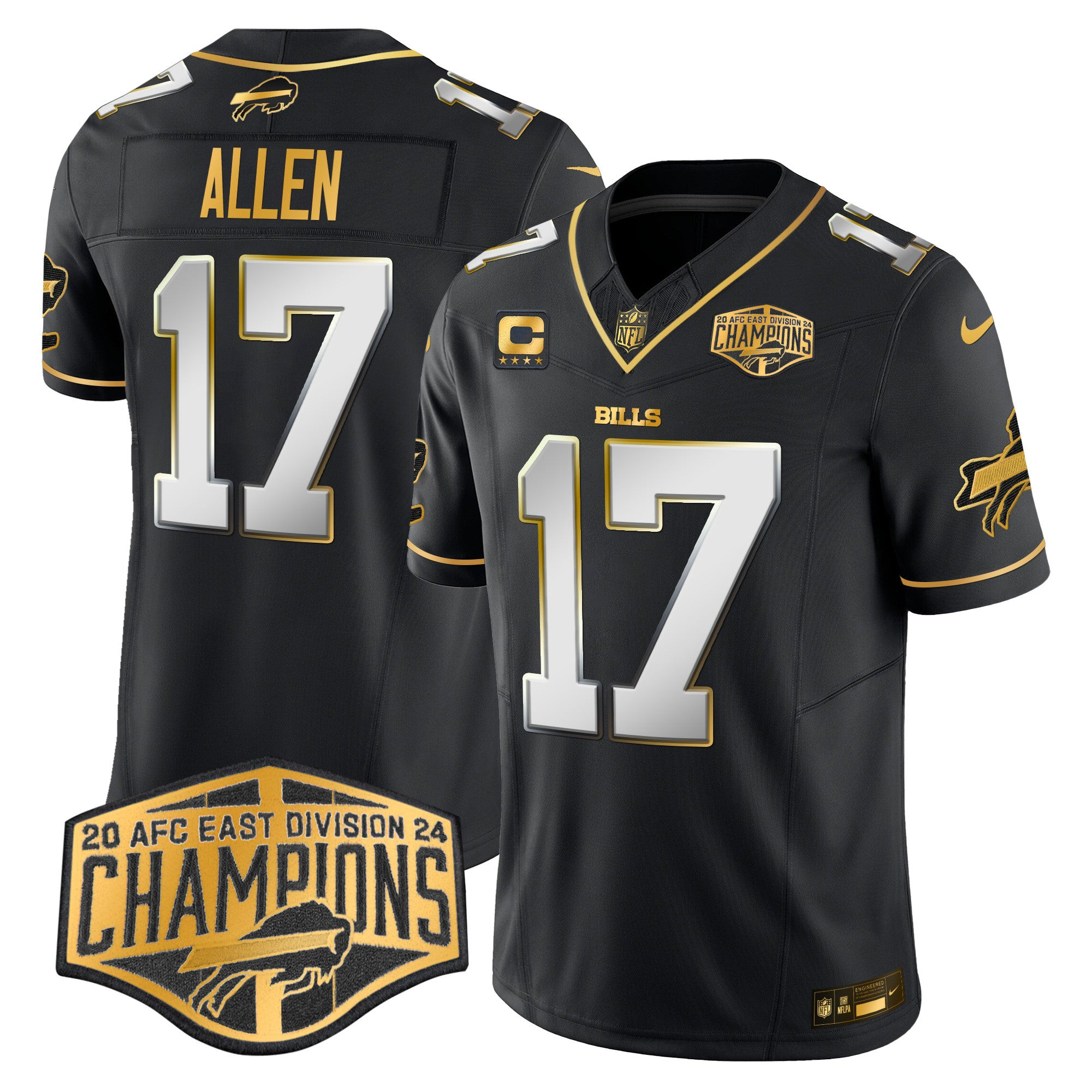 Bills 2024 AFC East Division Champions Gold Vapor Limited Jersey – All Stitched – Black Limited – Josh Allen Jersey