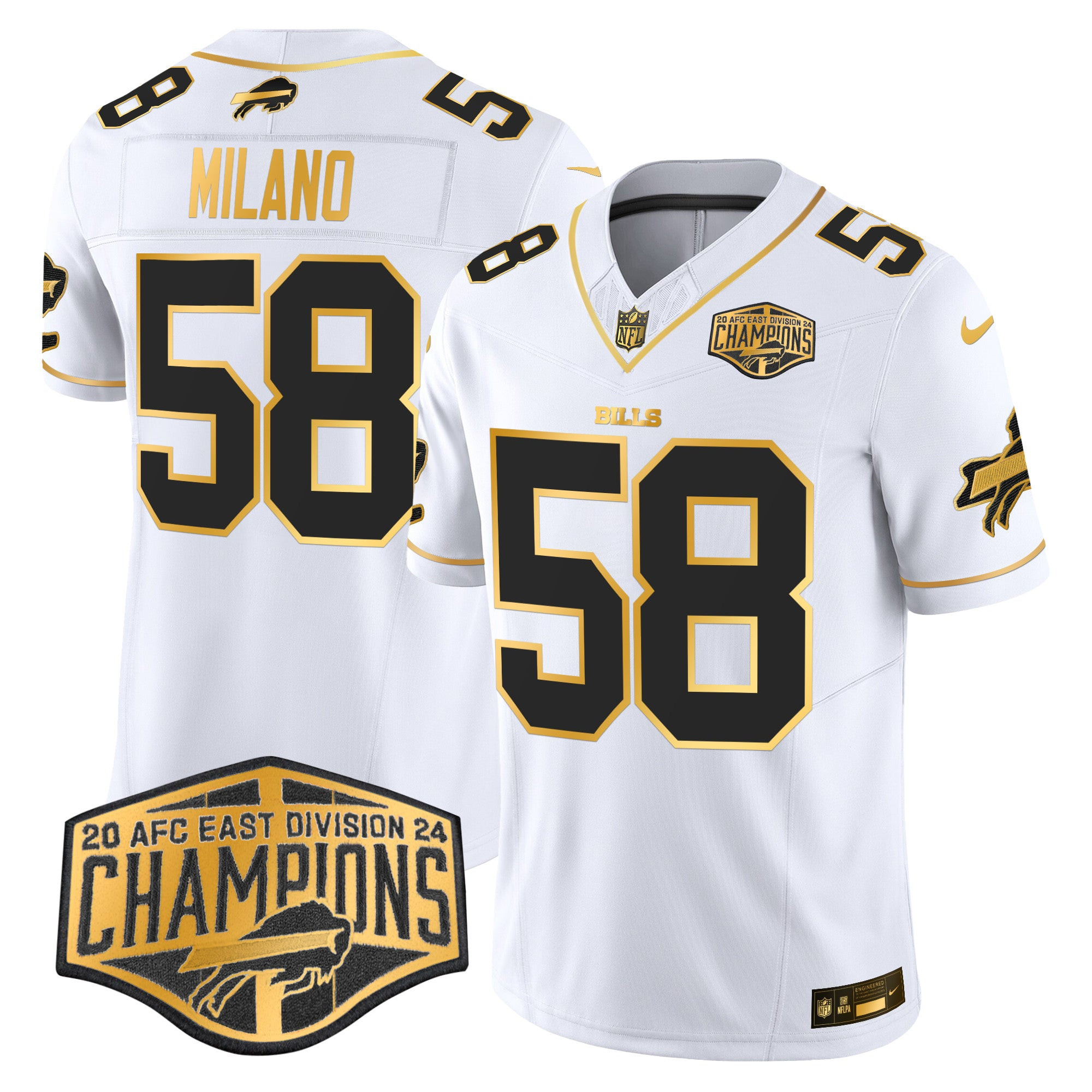 Bills 2024 AFC East Division Champions Gold Vapor Limited Jersey – All Stitched – White Gold – Matt Milano Jersey