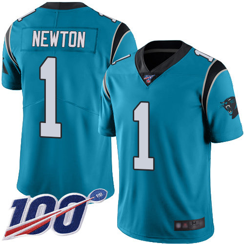 Panthers #1 Cam Newton Blue Alternate Men’s Stitched Football 100th Season Vapor Limited Jersey