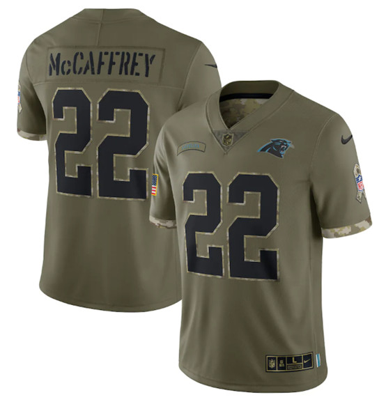 Men’s Carolina Panthers #22 Christian McCaffrey 2022 Olive Salute To Service Limited Stitched Jersey