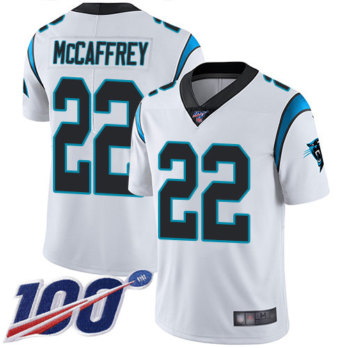 Panthers #22 Christian McCaffrey White Men’s Stitched Football 100th Season Vapor Limited Jersey