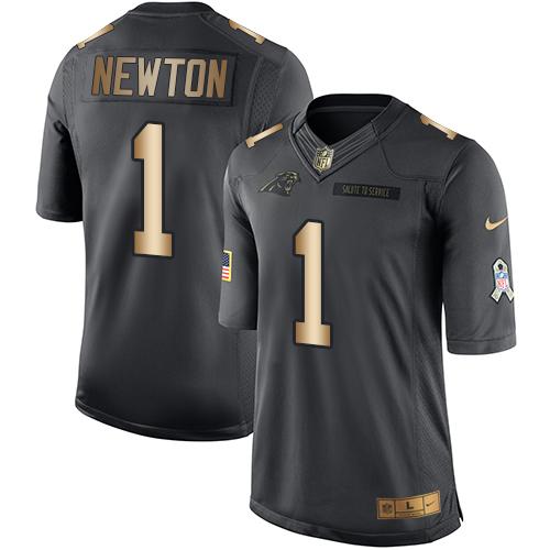 Nike Panthers #1 Cam Newton Black Men’s Stitched NFL Limited Gold Salute To Service Jersey