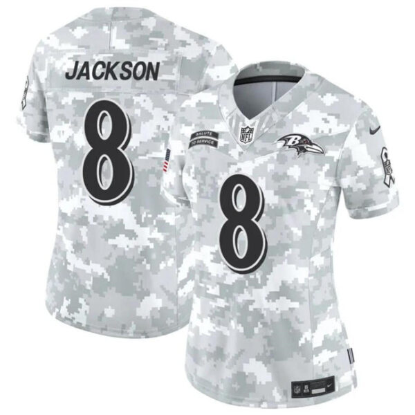 Women Baltimore Ravens #8 Lamar Jackson 2024 FUSE Arctic Camo Salute To Service Limited Football Stitched Jersey