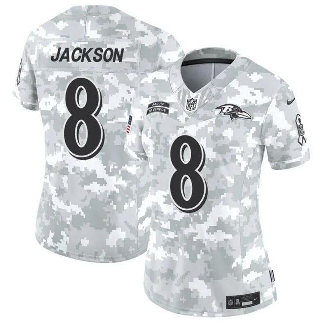 Women Baltimore Ravens #8 Lamar Jackson 2024 FUSE Arctic Camo Salute To Service Limited Football Stitched Jersey