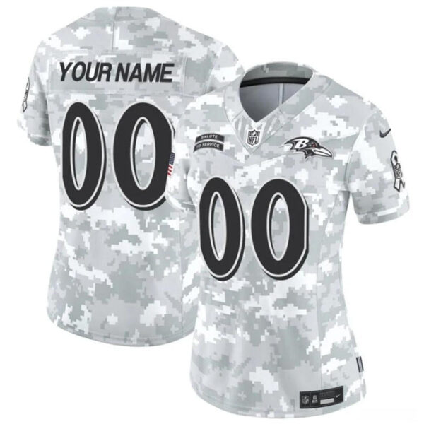 Women Baltimore Ravens Active Player Custom 2024 FUSE Arctic Camo Salute To Service Limited Football Stitched Jersey