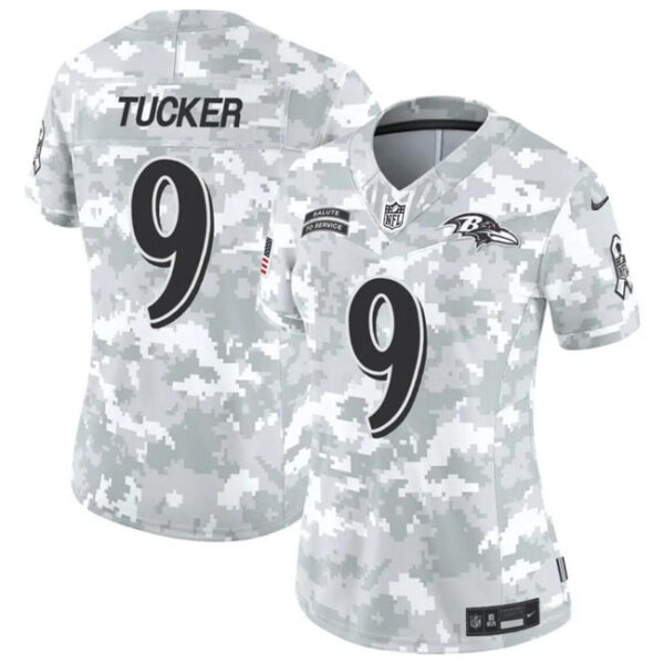 Women Baltimore Ravens #9 Justin Tucker 2024 FUSE Arctic Camo Salute To Service Limited Football Stitched Jersey
