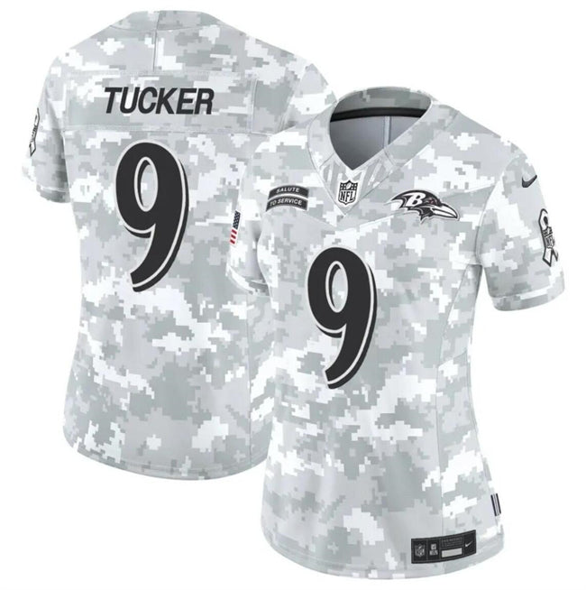 Women Baltimore Ravens #9 Justin Tucker 2024 FUSE Arctic Camo Salute To Service Limited Football Stitched Jersey