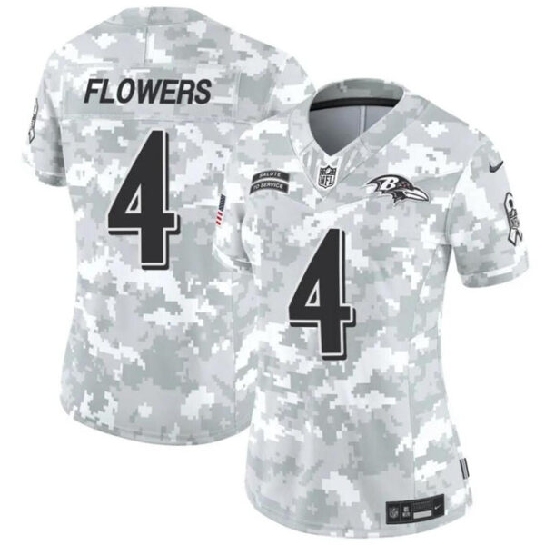Women Baltimore Ravens #4 Zay Flowers 2024 FUSE Arctic Camo Salute To Service Limited Football Stitched Jersey