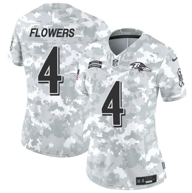 Women Baltimore Ravens #4 Zay Flowers 2024 FUSE Arctic Camo Salute To Service Limited Football Stitched Jersey