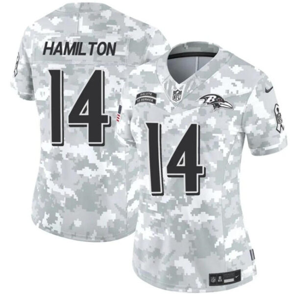 Women Baltimore Ravens #14 Kyle Hamilton 2024 FUSE Arctic Camo Salute To Service Limited Football Stitched Jersey