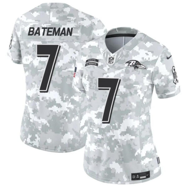 Women Baltimore Ravens #7 Rashod Bateman 2024 FUSE Arctic Camo Salute To Service Limited Football Stitched Jersey