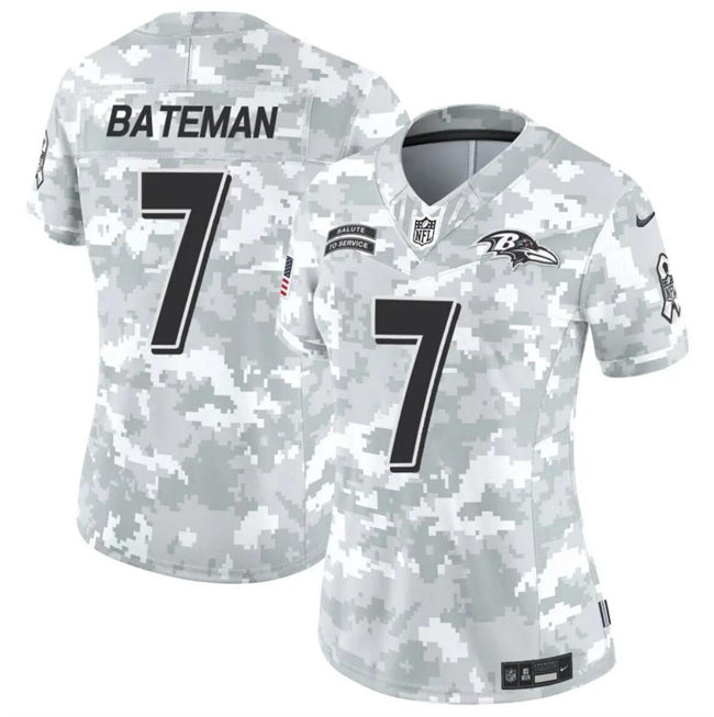 Women Baltimore Ravens #7 Rashod Bateman 2024 FUSE Arctic Camo Salute To Service Limited Football Stitched Jersey